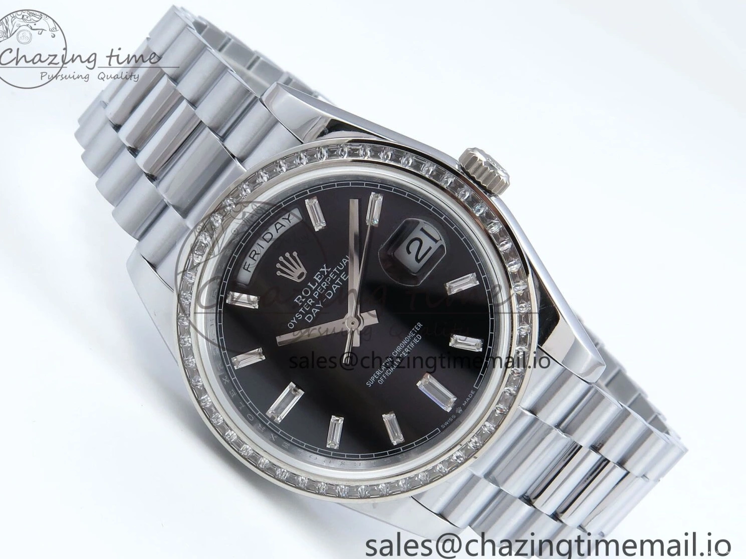 1221 Soft DayDate 40 SS QF 1:1 Best Edition Black Crystal Dial Diamonds Bezel on President Bracelet A2836 V5 (Gain Weight) 477